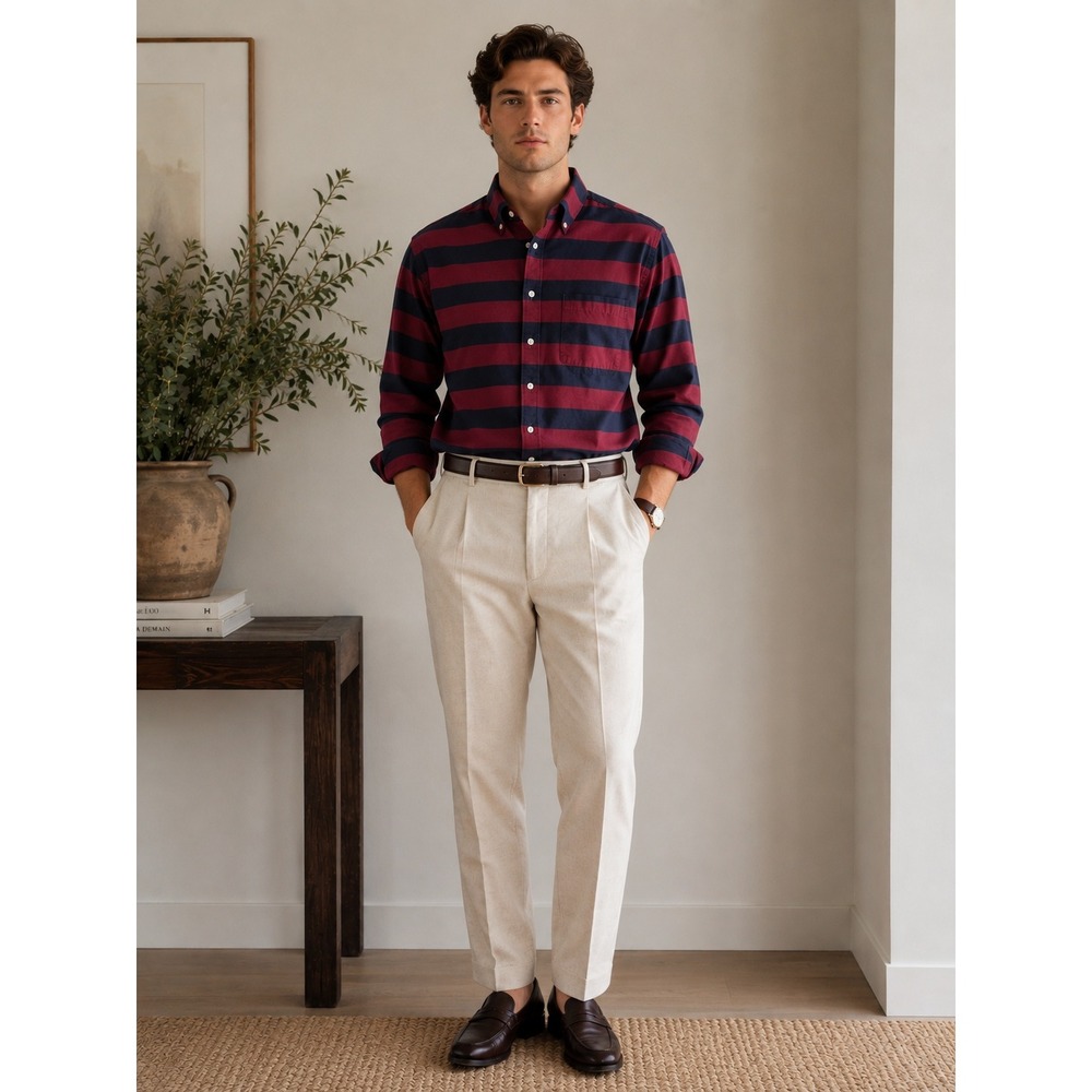 Goodfellow Red Navy Rugby Stripe Button Down Shirt XL Preppy Casual